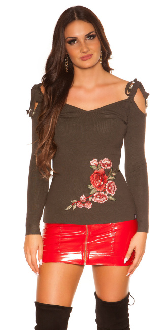 Trendy Coldshoulder Sweater with embroidery Khaki
